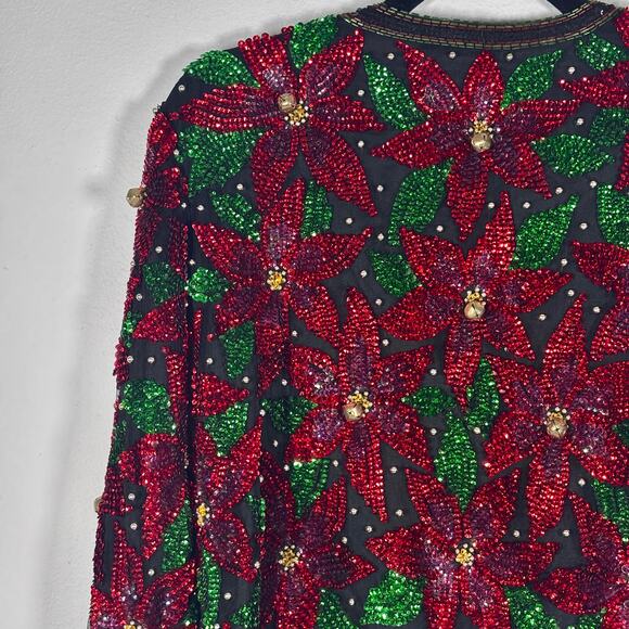 Vintage Laurence Kazar Sequin Jacket Size XL Red Black Floral Beaded Cropped - Picture 10 of 15